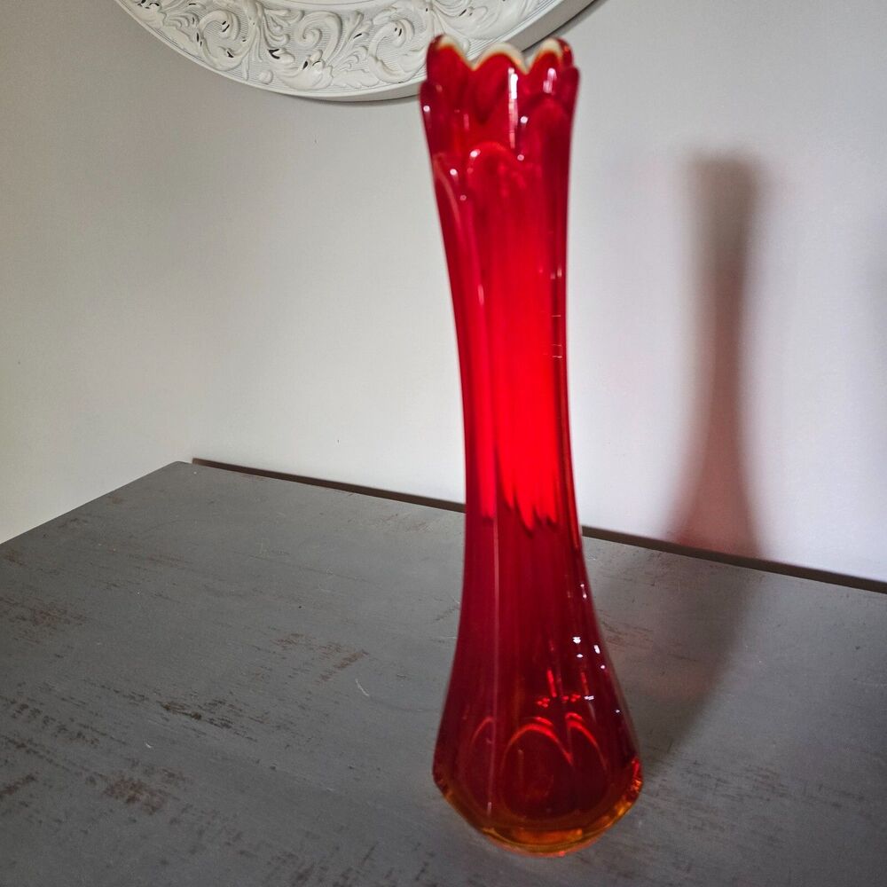 Vintage Swung Vase Red LE Smith Panel Amberina flame 13” yellow rim